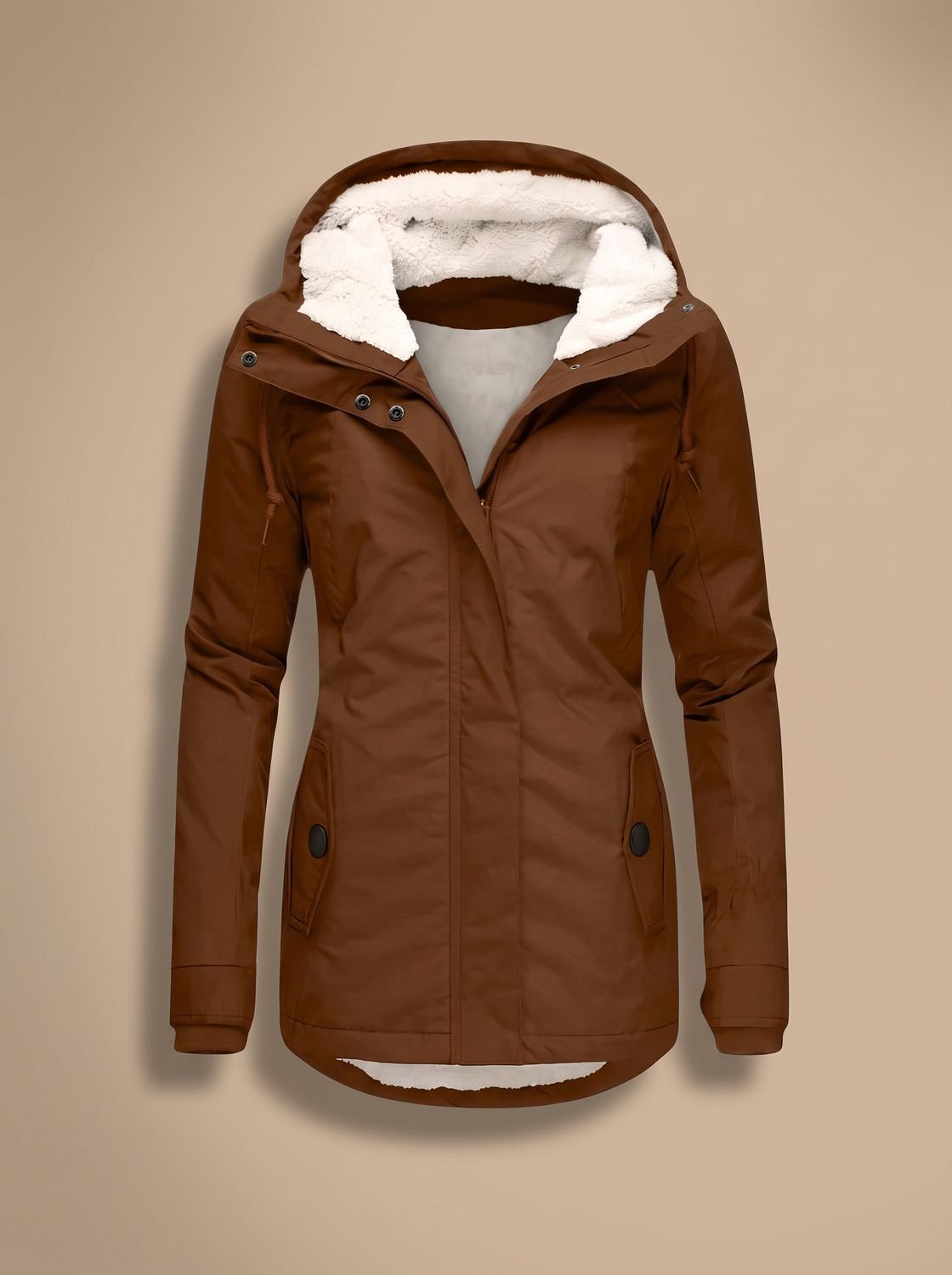 Women's sherpa-lined waterproof hooded jacket in Brown