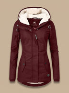 Women's sherpa-lined waterproof hooded jacket in Red